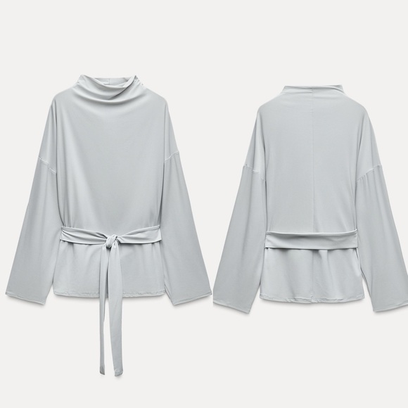 Tops - Zara NWT tie belted stretchy long sleeve blouse with tie waist pale baby blue